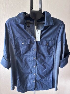 Womens Navy Blue Button-Front Shirt - NY Collection